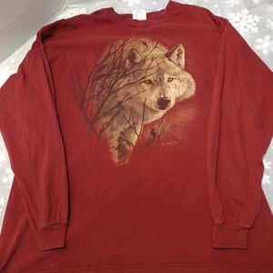 Natural Wonders Wolf Long Sleeve T Shirt Red Men's Size XL Made In USA 1996. In